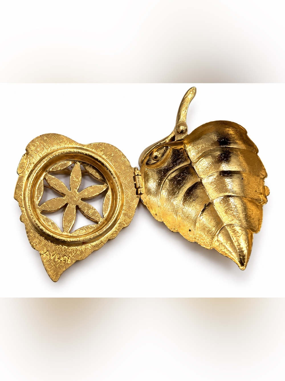 Avon Gold Tone Leaf Locket Brooch - Women Jewelry